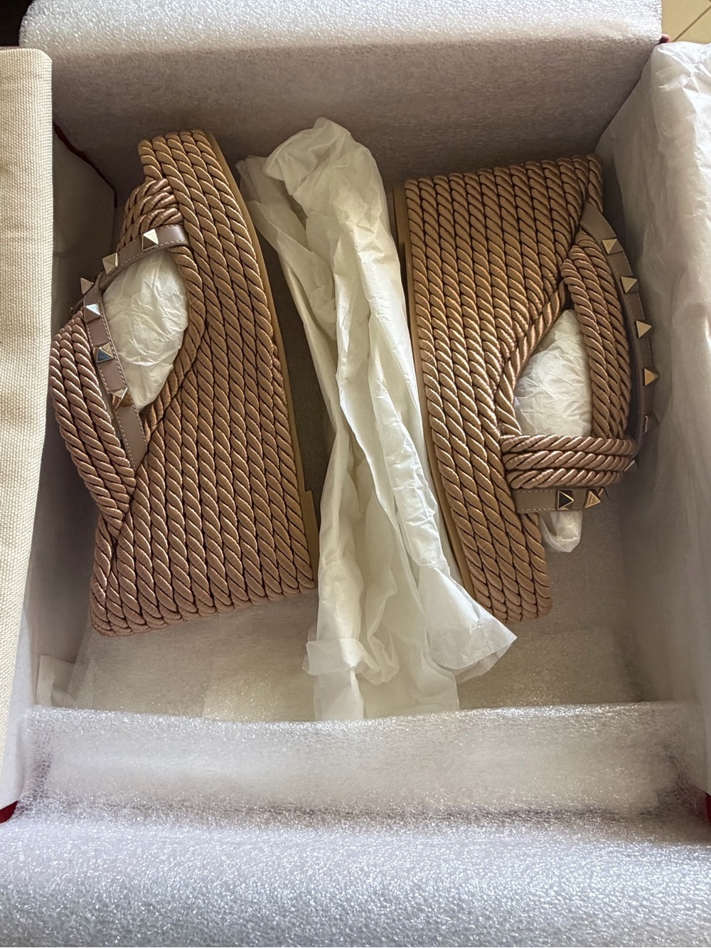 Stud-Trim Woven Rope Slide Sandal Tote - Tan
